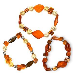 Set of 3 Orange Beaded Stretch Bracelets Chunky Faceted Acrylic Boho Stacking